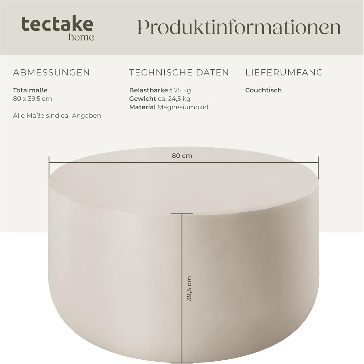 tectake® Couchtisch rund, Beistelltisch für in- und Outdoor, runder Side Table als Wohnzimmer oder Balkon Möbel, als Coffee Table, Gartentisch, Couch Tisch, Aesthetic Room Decor - weiß
