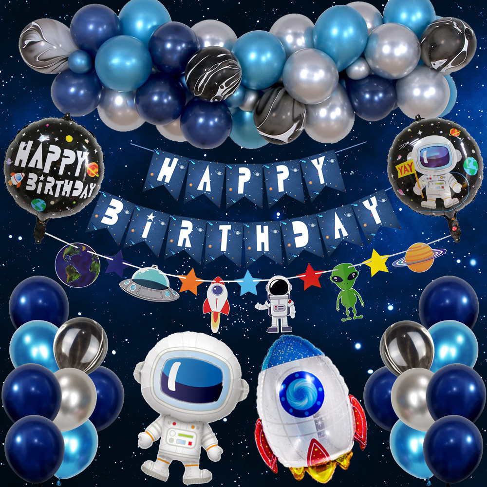 (52-tlg. Set) Happy Birthday Girlande Kinder Geburtstags Party Deko Astronaut   Latex- und Folienballons - Blau / Silber