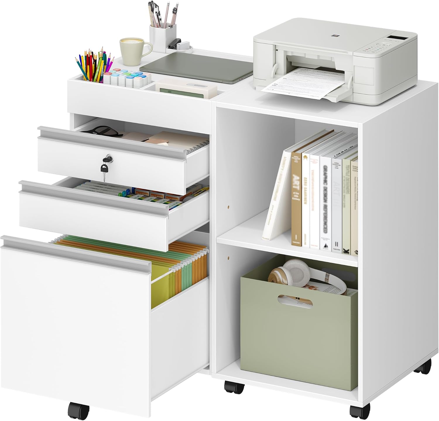 Hzuaneri Rollcontainer, mobiler Aktenschrank, Büroschrank mit 3 Schubladen, 2 offenen Fächern, Schubladenschrank mit verstellbarem Hängeregistratur, für DIN A4, Letter, Büro, Homeoffice, weiß FC42003X
