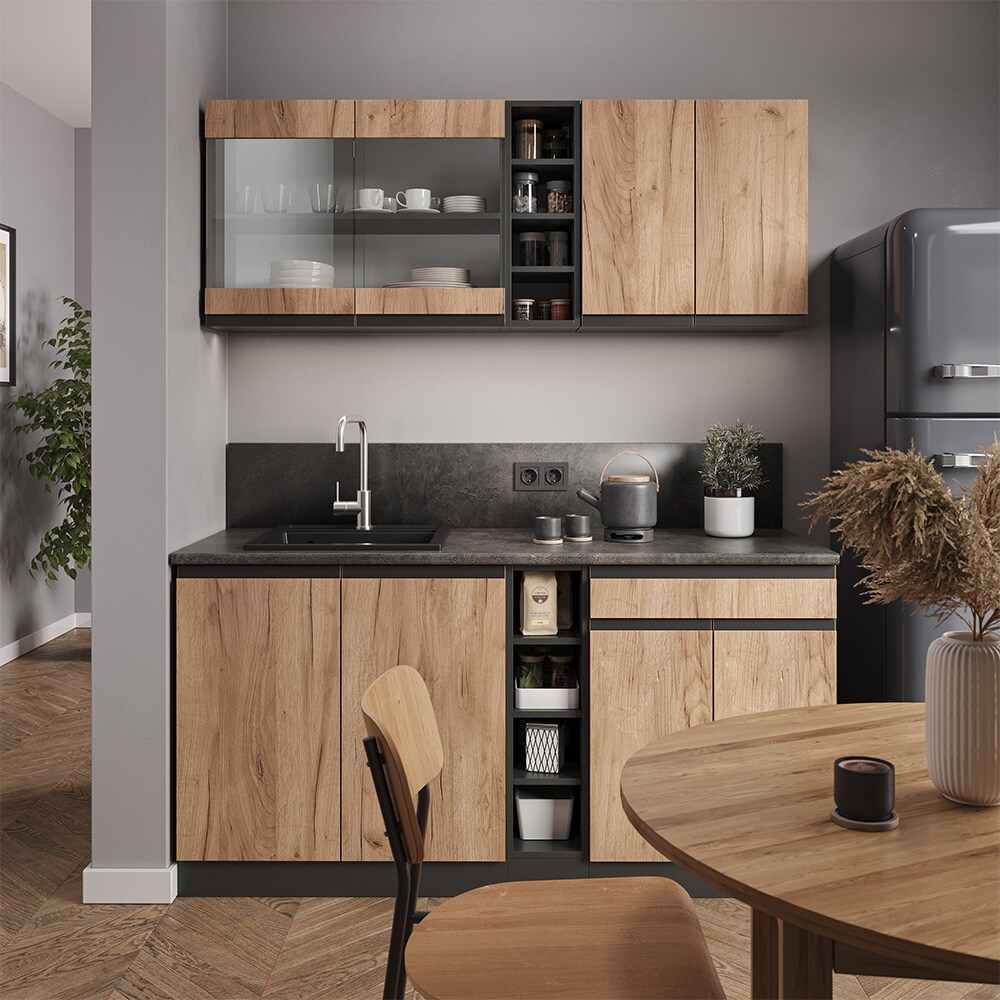 Vicco Küchenzeile Küchenblock Einbauküche R-Line J-Shape Anthrazit Eiche 160 cm modern Küchenschränke Küchenmöbel