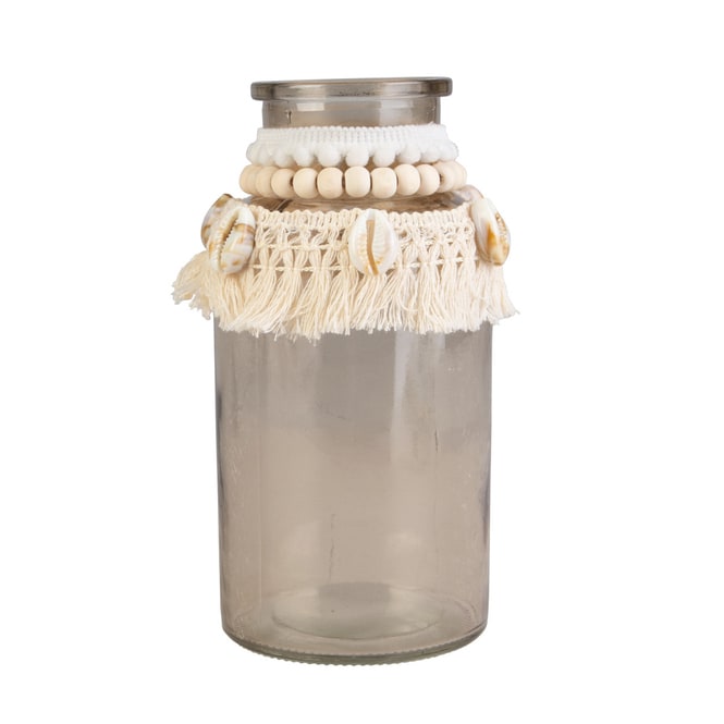 Vase mit Makramee und Muscheln - klar/creme - aus Glas - ca. 8 x 16,5 cm