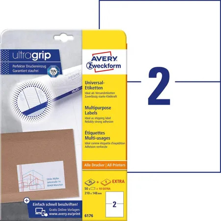 Avery Zweckform 6176 Universal-Etiketten, A4 mit ultragrip, 210 x 148 mm, 30 Bogen/60 Etiketten, weiß