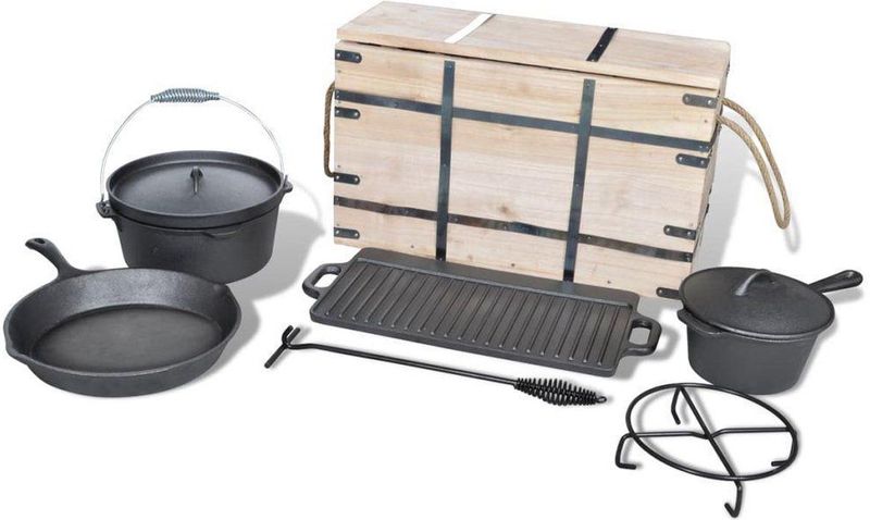Dutch Oven - Pannenset - Gietijzer - Inclusief Houten Kist