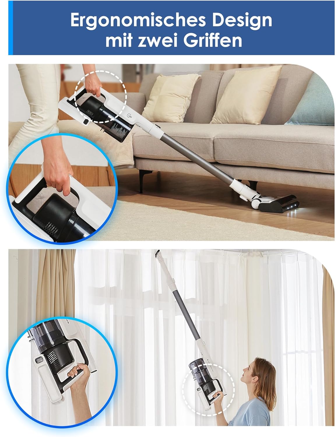 Tineco A30S Akku Staubsauger, Kabelloser Stabstaubsauger 160W 20000pa 60 Min Laufzeit, Handstaubsauger mit 1L Staubbehälter ZeroTangle Bürste für Tierhaare, Akkustaubsauger für Hartböden