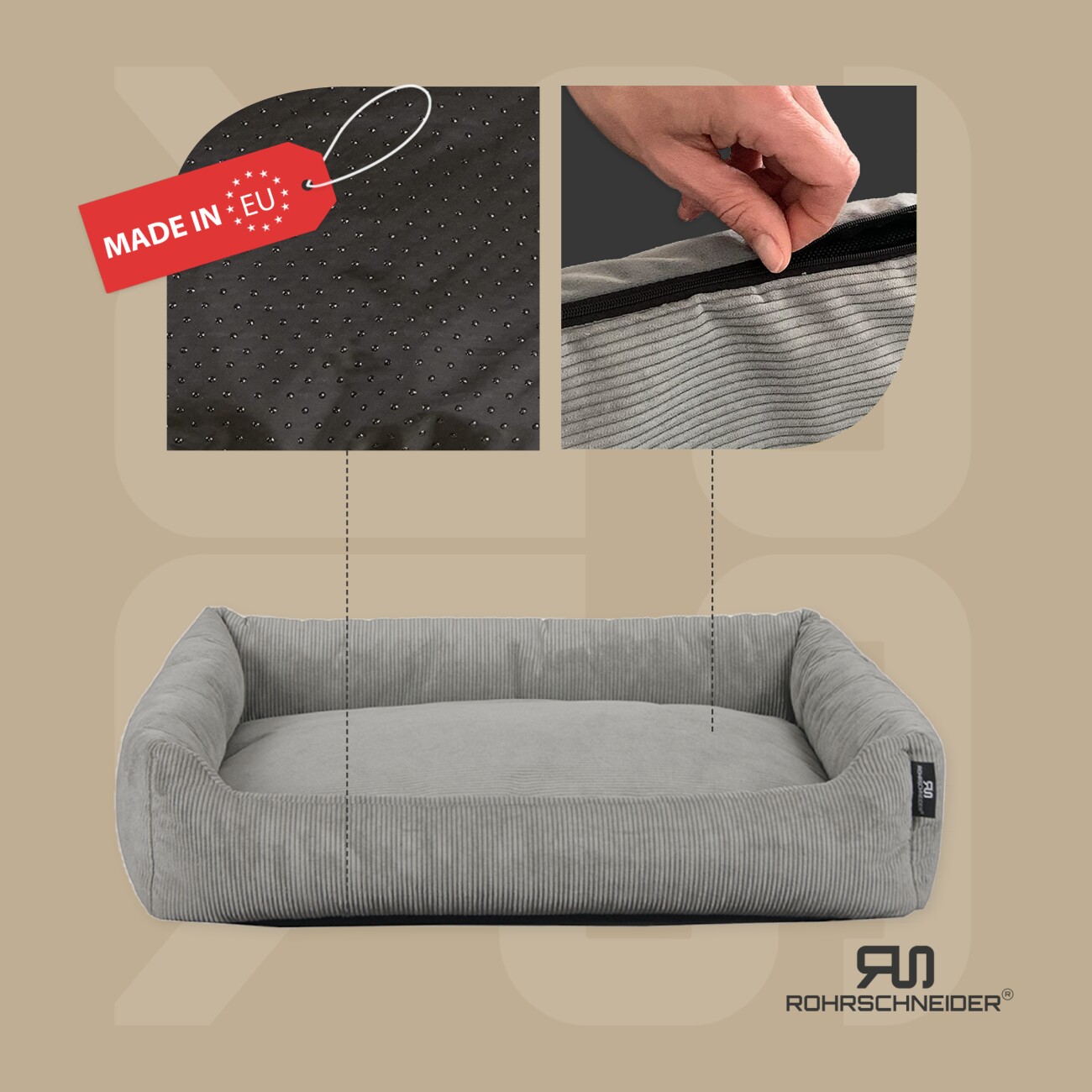 Rohrschneider ® Katzenbett waschbar mit Gratis-Beigabe, robuster Fein-Cordstoff grau