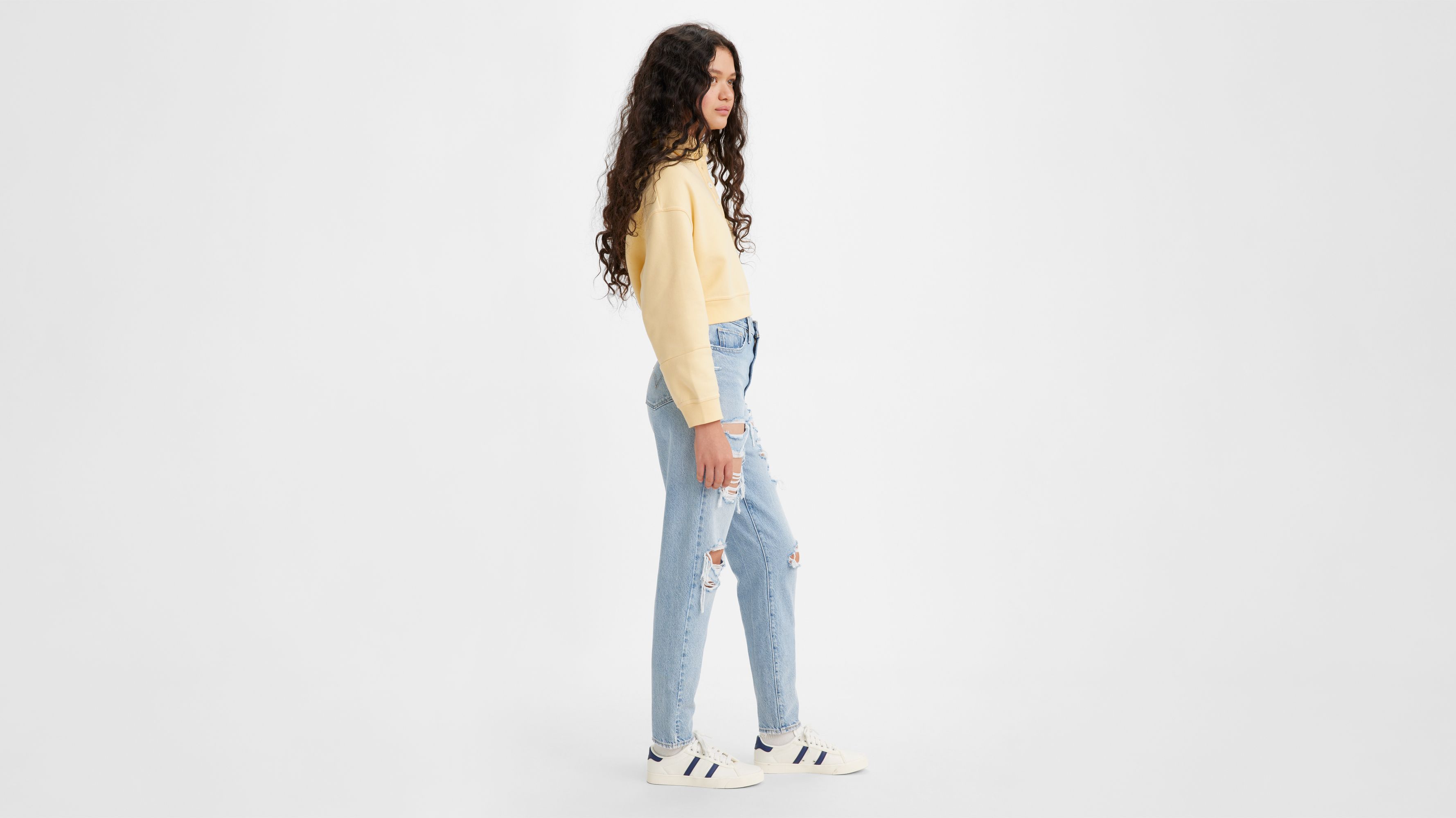 Jean Mom taille haute - Light Indigo Destructed - Bleu