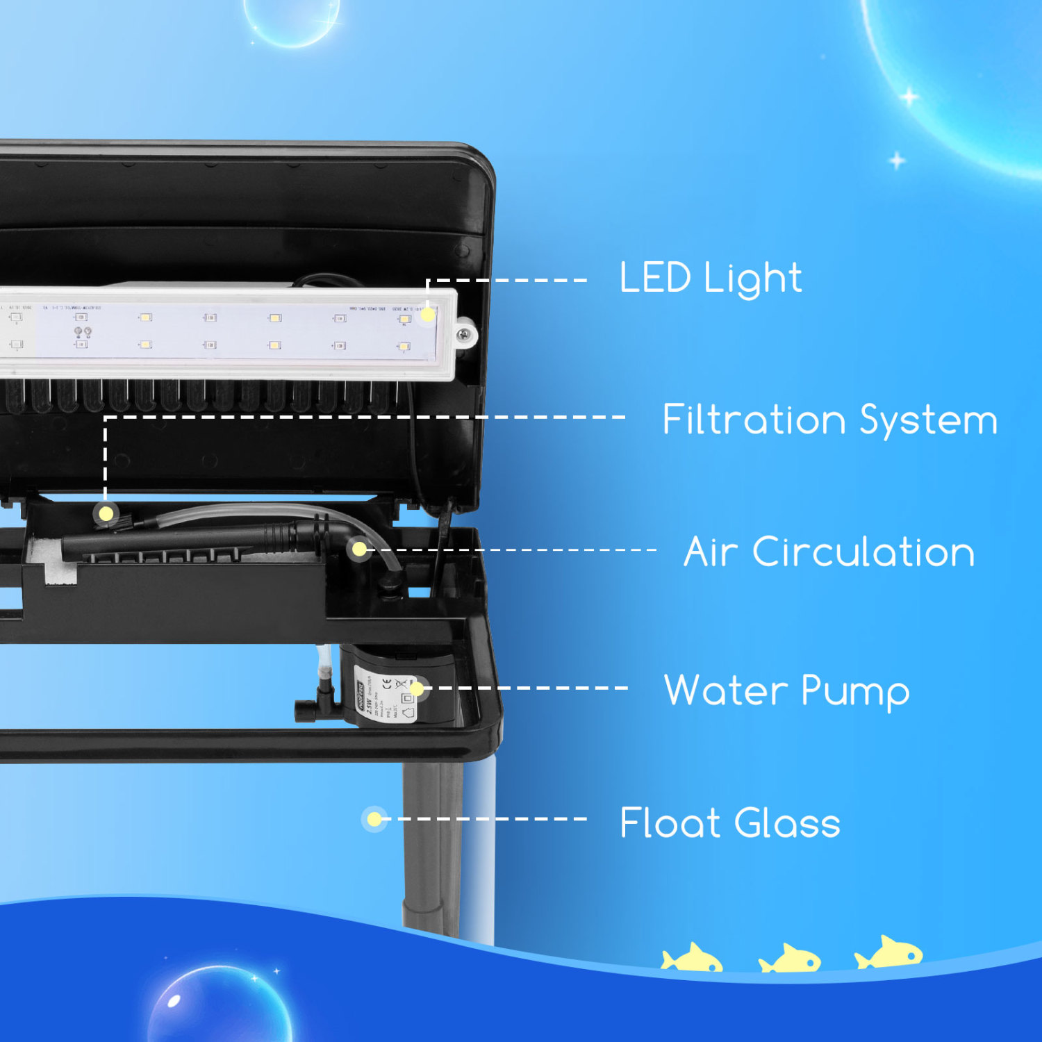 Nobleza - Aquário de vidro com tampa e luzes LED. Sistema de filtragem de 14 litros. Preto.