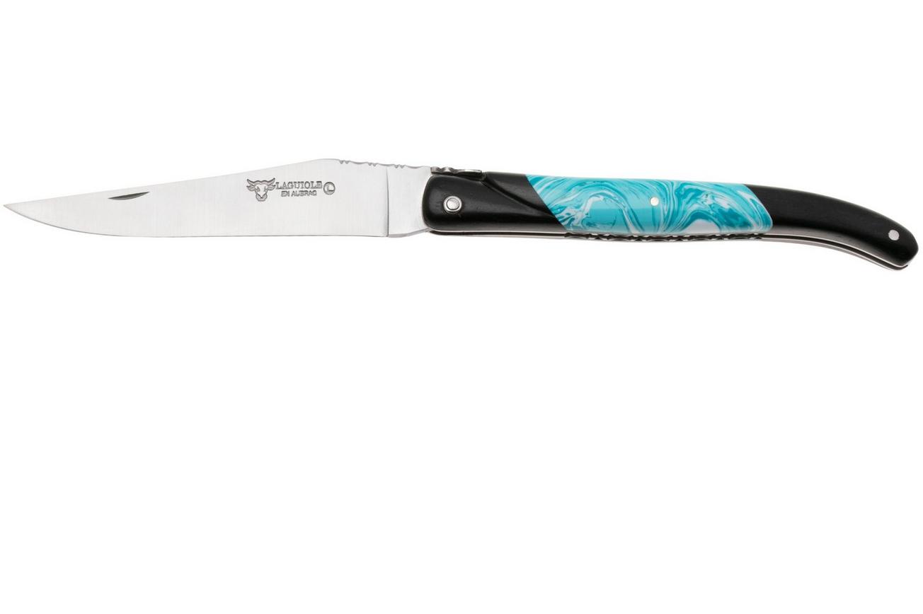 Laguiole en Aubrac Ebony, Larimar Inlay, Handcarved Plates, zakmes, 12 cm