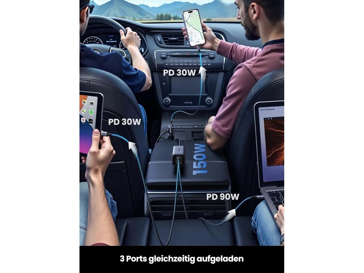 (150W) 3x USB C / USB A Auto KFZ GaN Ladegerät Car Charger Schnellladegerät für Zigarettenanzünder Power Delivery (35571) - Silber