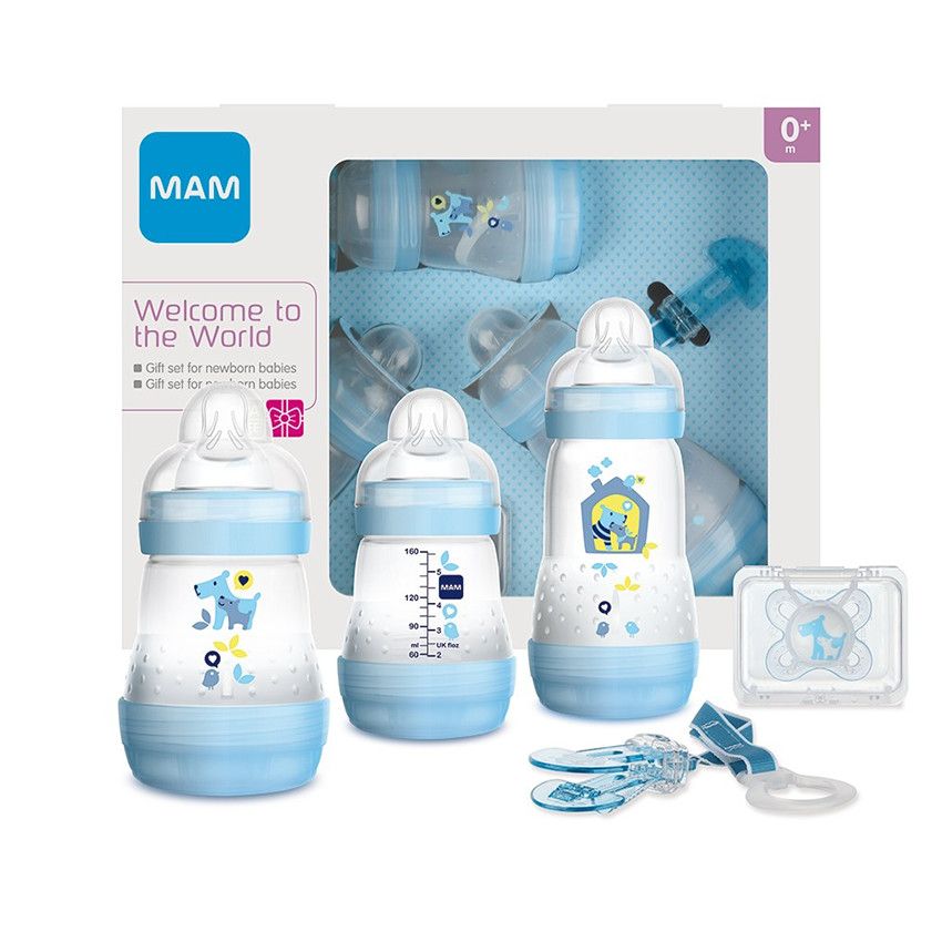 Set biberons naissance Welcome to the Wolrd - Bleu - Doré