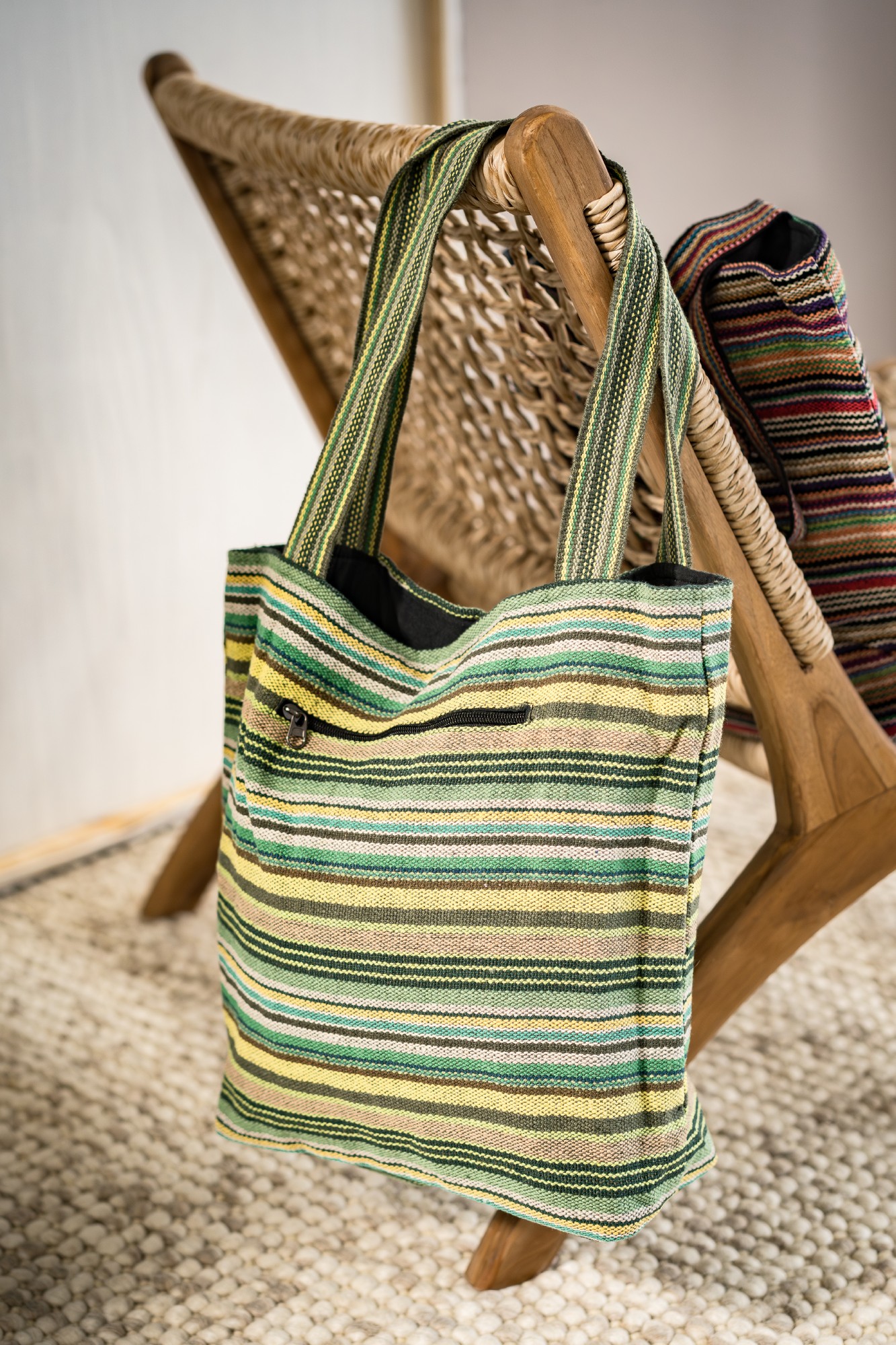 Einkaufstasche aus Baumwolljacquard, grün gestreift, B 35 cm, H 40 cm, L 10 cm günstig bestellen