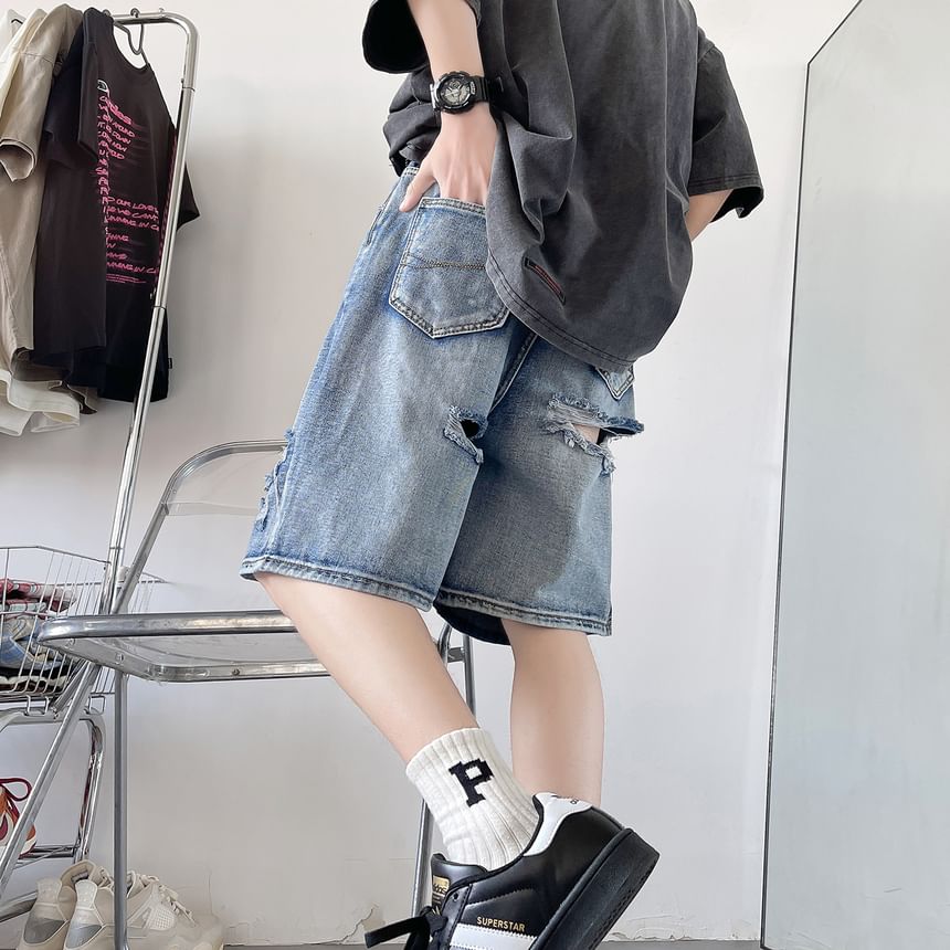 Drawouf - Mid Rise Distressed Washed Denim Shorts