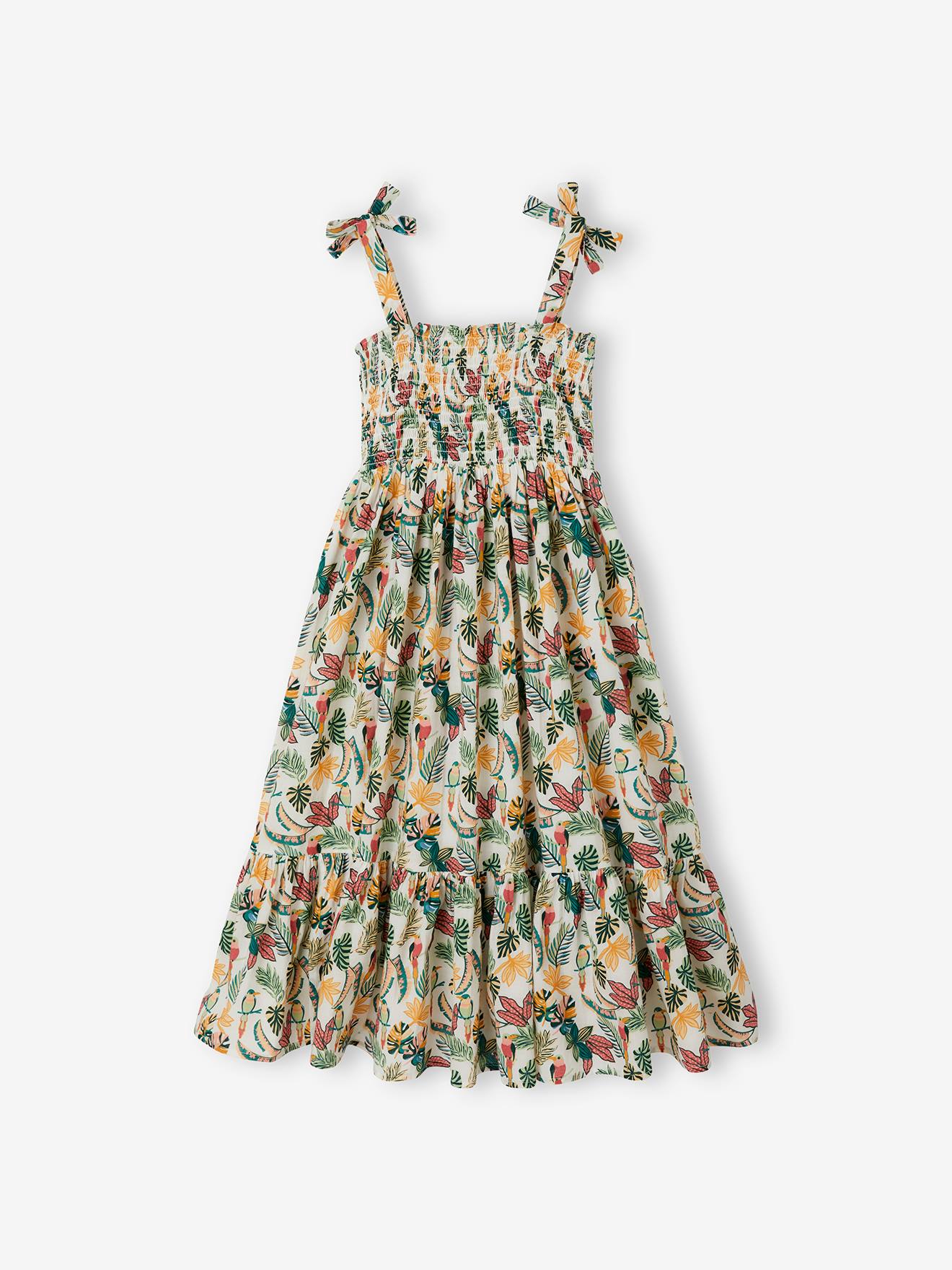 Vestido longo com babados, para menina, tamanho médio, estampa bege.