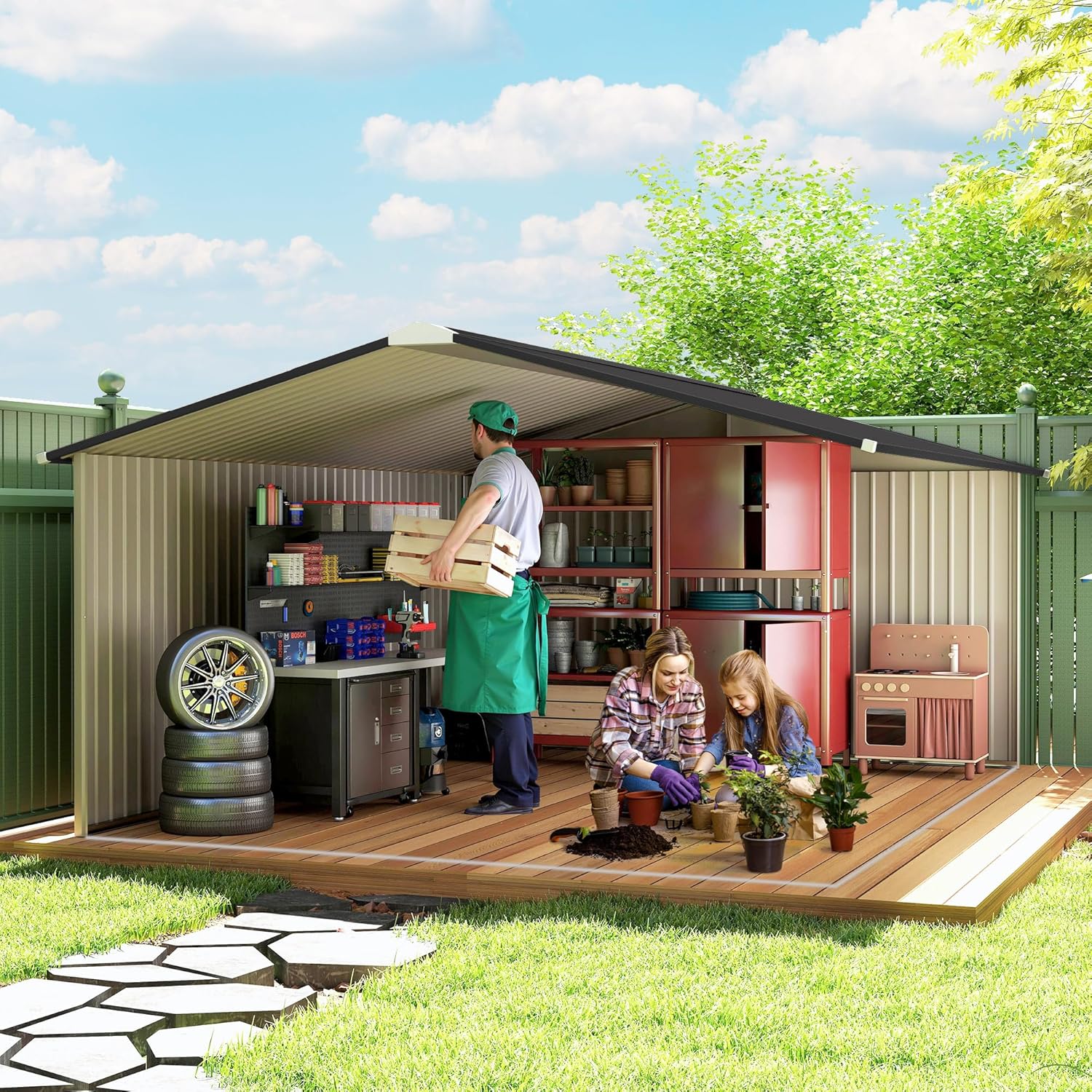 Outsunny Gerätehaus 12,4 m², Gartenhaus mit Satteldach, Schiebetür, Fundament, 386 x 340 x 200 cm, Geräteschuppen aus Verzinkter Stahl, wetterfest, für Garten, Braun