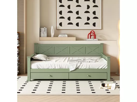 Lit simple, 90x200cm, Lit avec sommier à lattes (sans matelas), 2 tiroirs, Style minimaliste, Pin, Lit en bois, vert