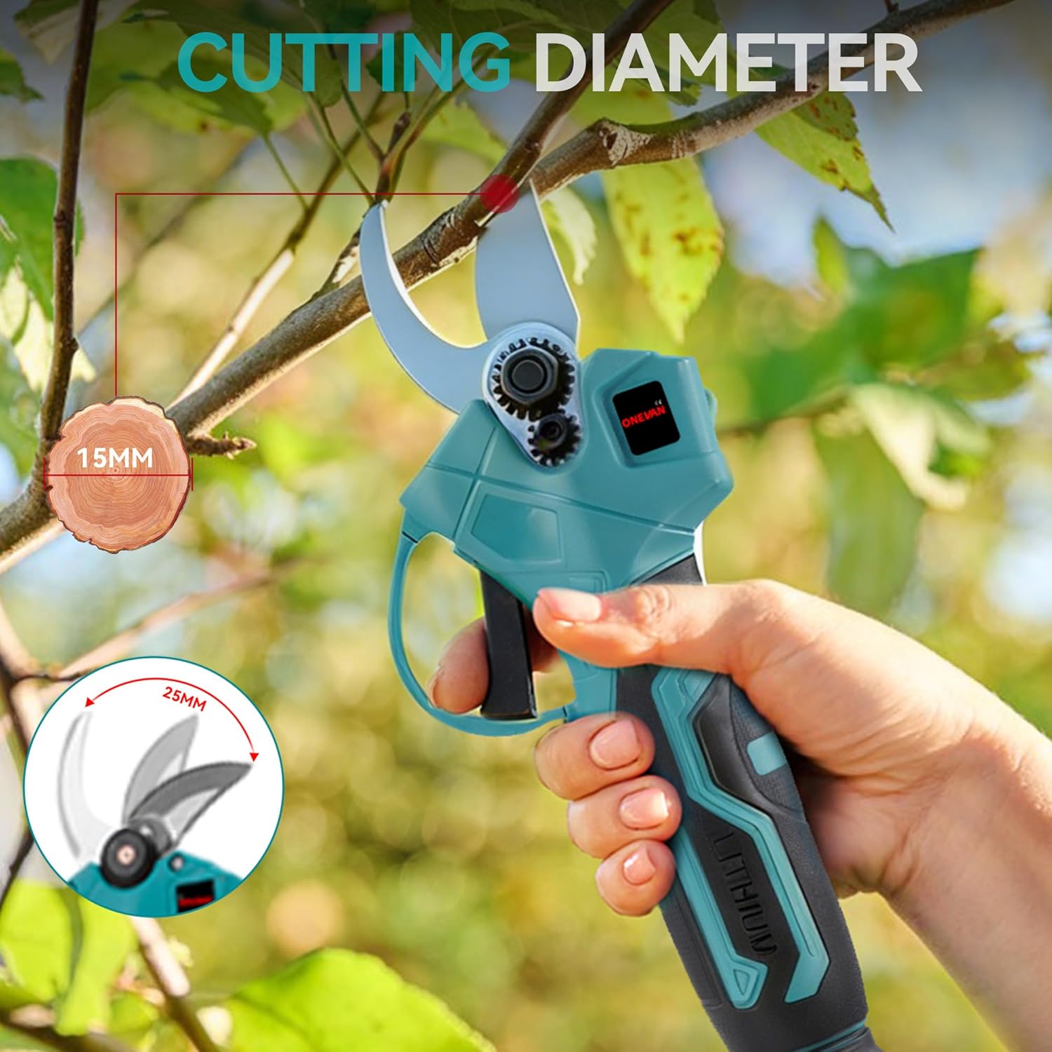 ONEVAN Akku Hochentaster und Astschere mit Teleskopstiel, 4-in-1, Bürstenlose 15 cm Akku Kettensäge + 25 mm Akku Baumschere + 260 cm Teleskopstange, 180° Einstellbarer Winkel, mit 2 4.0Ah Akkus