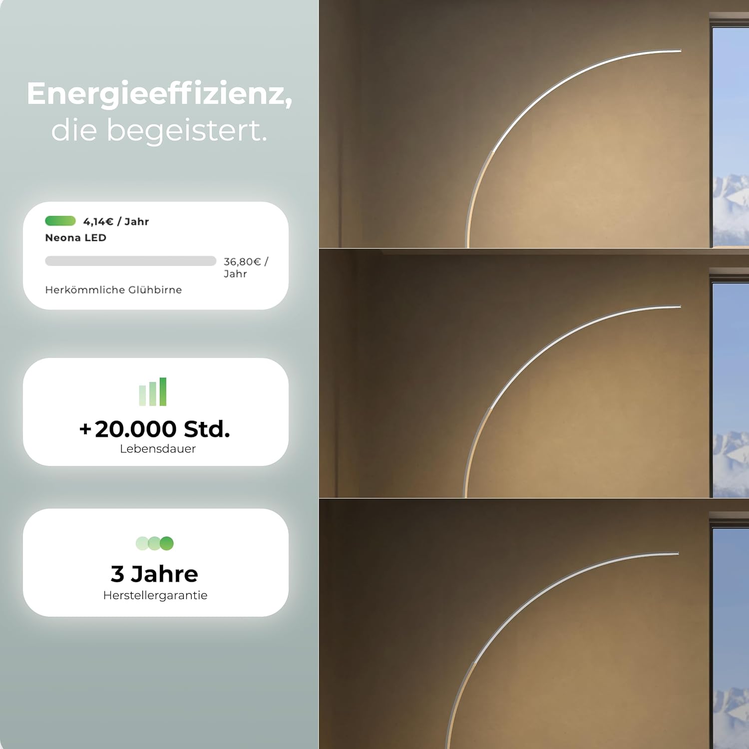 NEONA ICARUS Bogenlampe LED dimmbar – XXL Stehlampe Weiß, 2258 Lumen, 2700K Warmweiß, CRI 90, 22W, Fußschalter, Höhe 170cm – Moderne Wohnzimmerlampe (Weiß)
