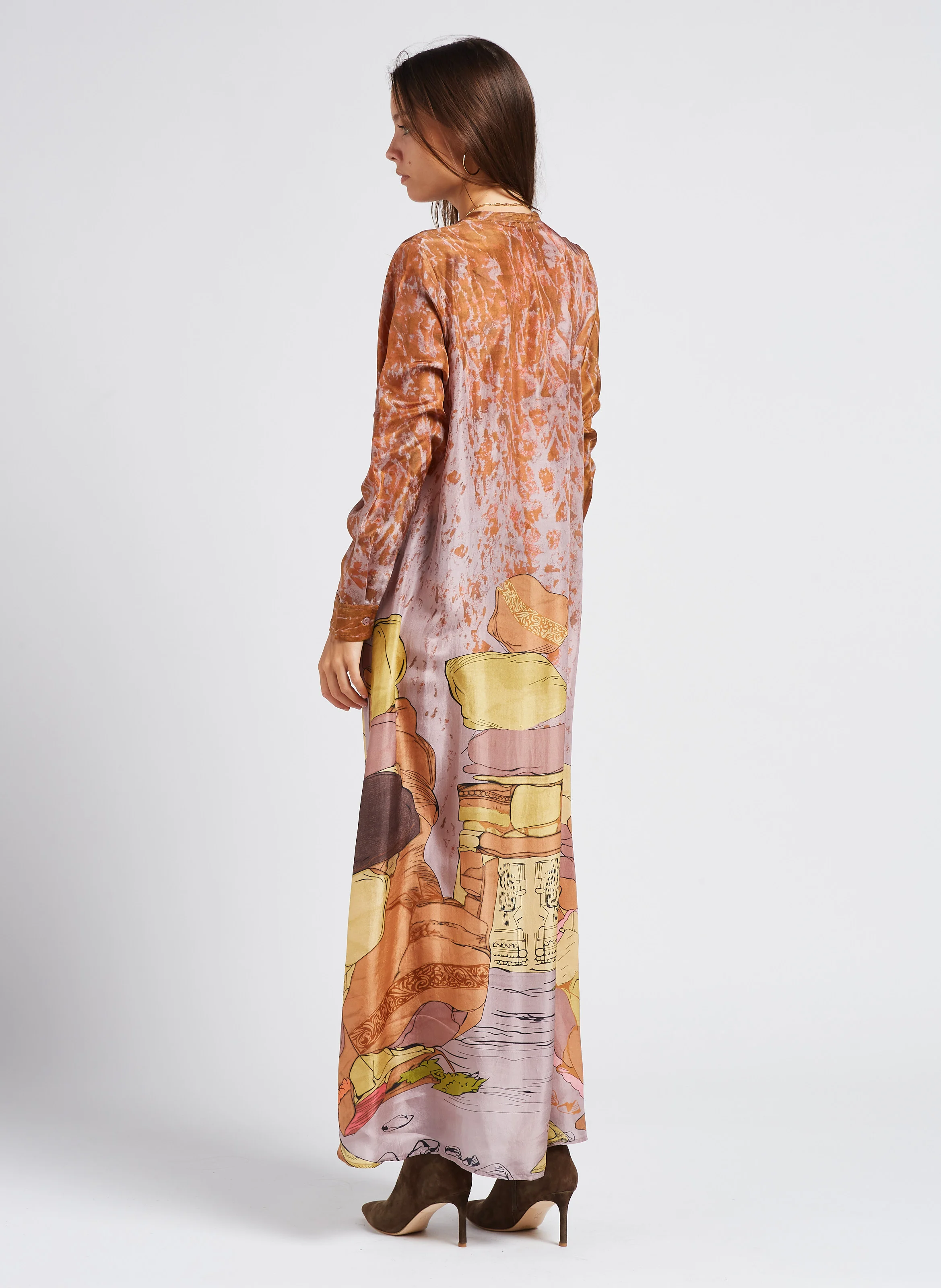 SHUNGITE - Robe chemise longue en soie imprimée | Rose