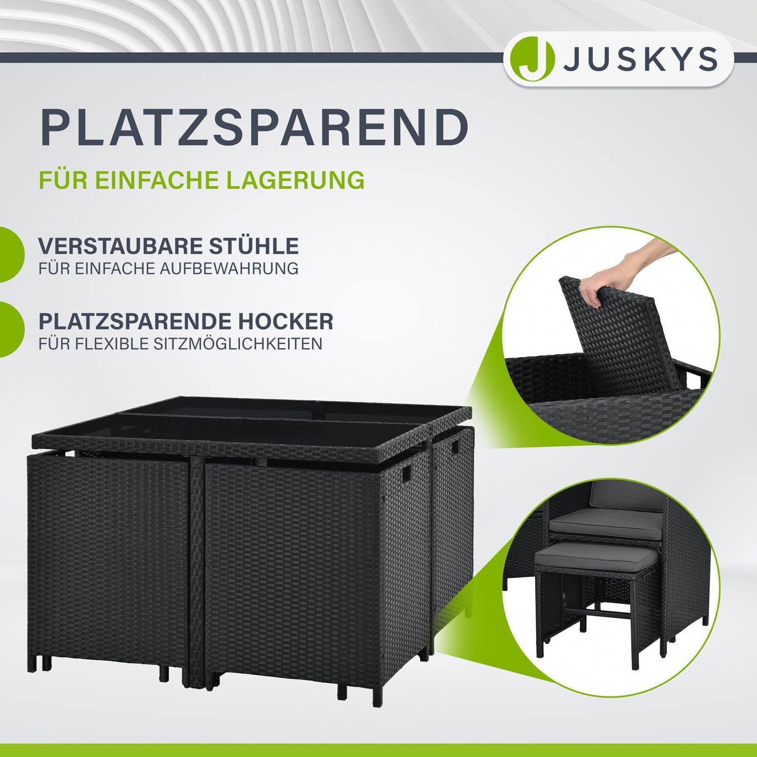 Juskys Polyrattan Sitzgruppe Baracoa L 9-teilig wetterfest, stapelbar - 4 Stühle, 4 Hocker, Tisch mit Glasplatte, Kissen - 8 Personen - Gartenmöbel Set für Garten, Terrasse