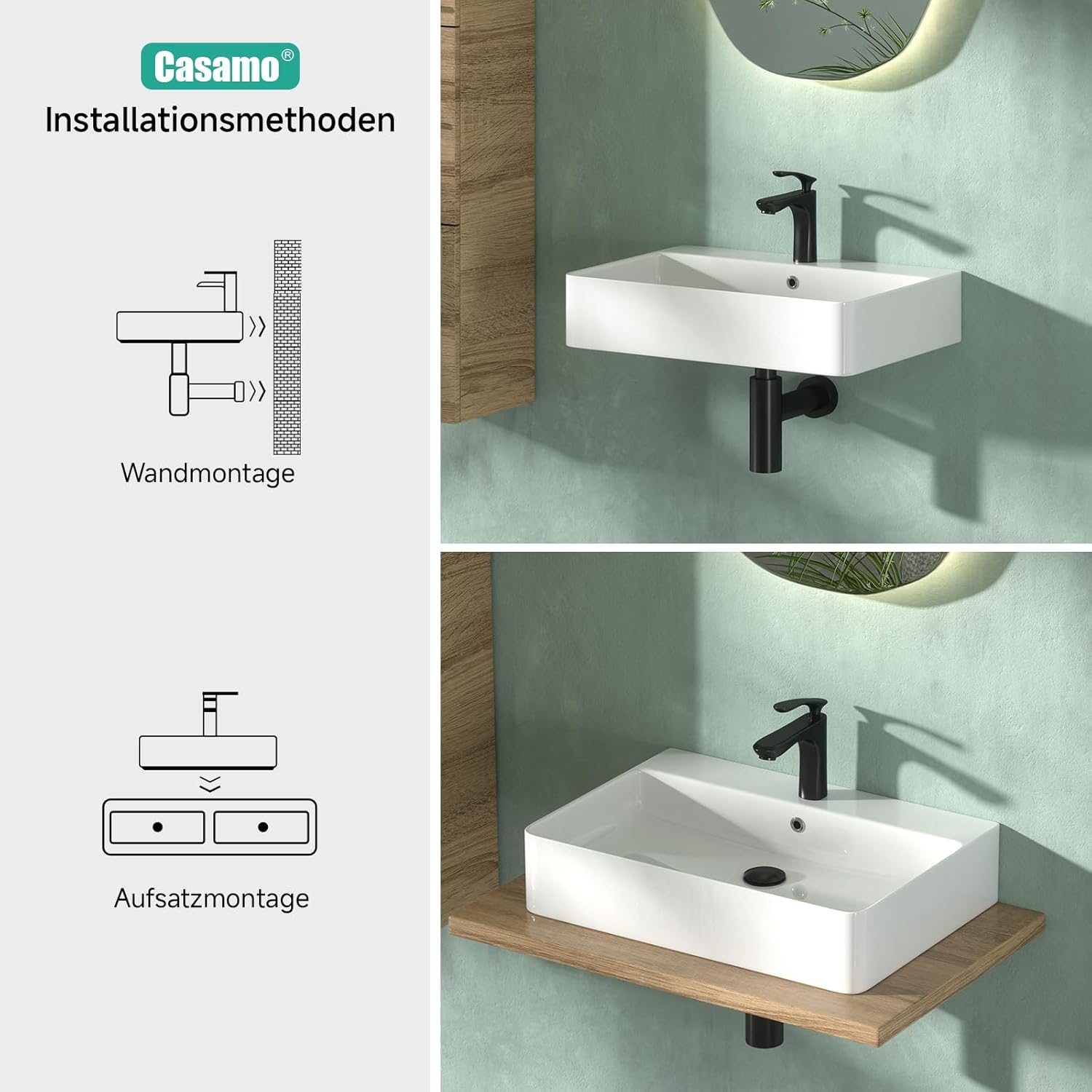 Waschbecken 60 cm breit, Hängewaschbecken im Bogen-Design, Hochglanz Weiß, Kratzfest, leicht zu reinigen - flexibel installierbarer Waschtisch für Bad & Gäste-WC (60 x 42 x 13 cm)