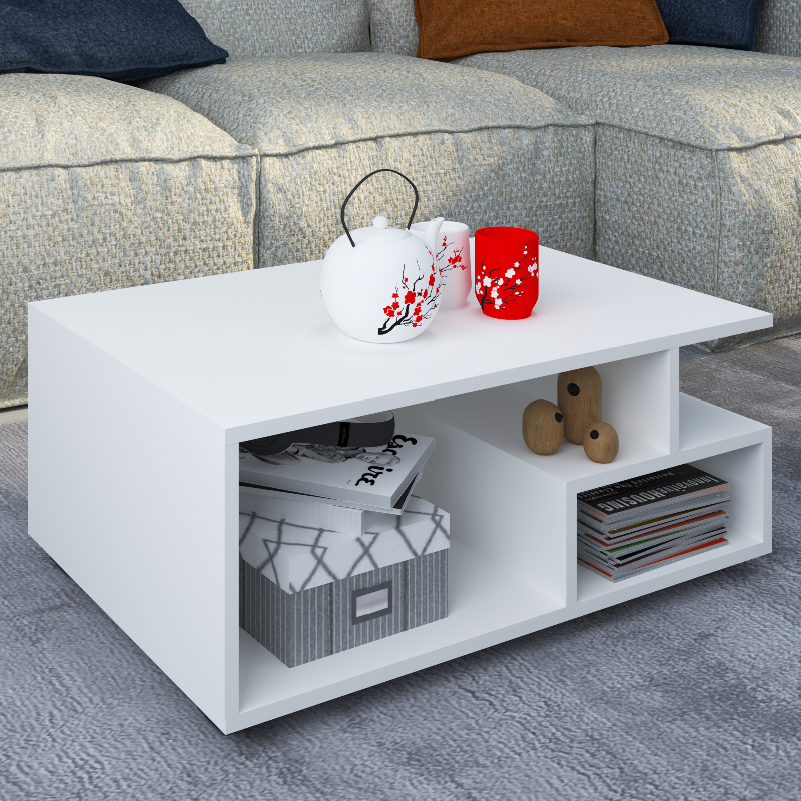 Couchtisch SULAS - weiß - 4 Fächer - 80 cm