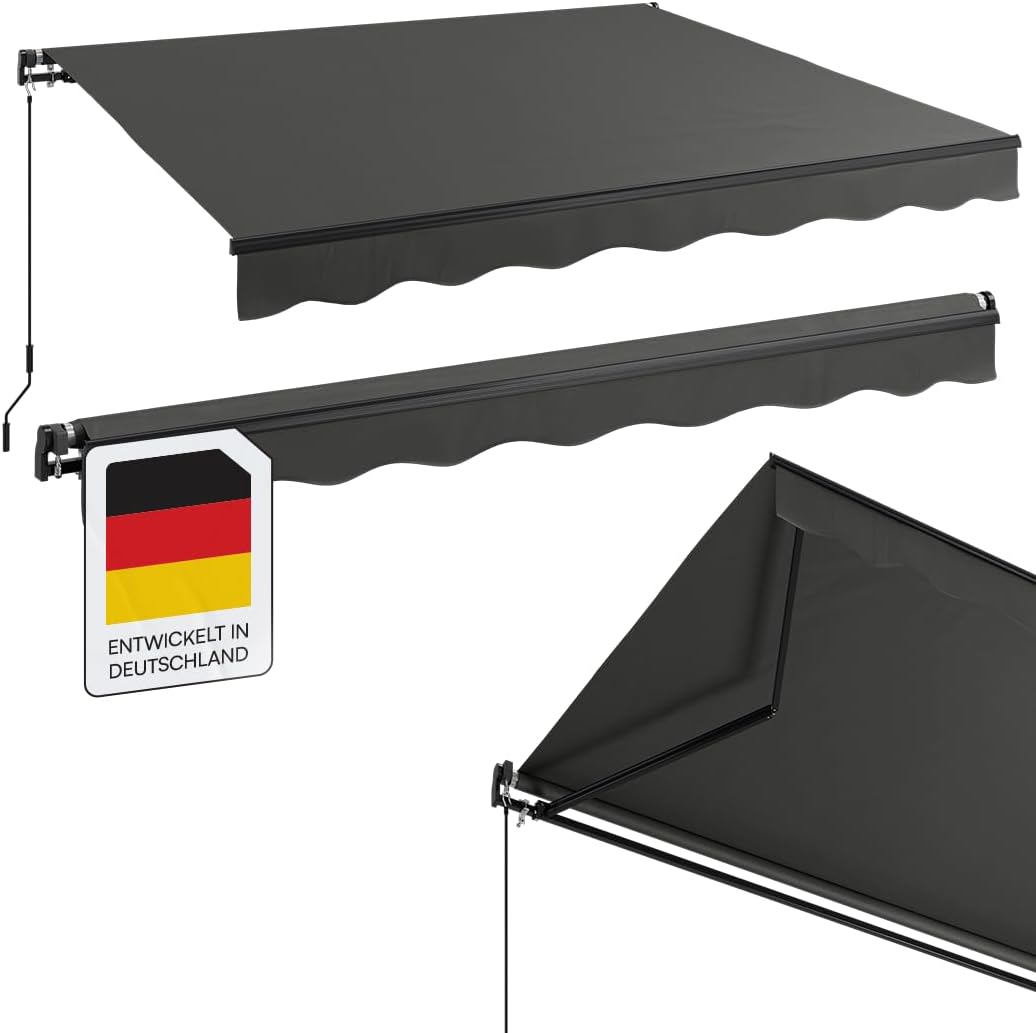 STEELSØN Kestria Markise für Balkon/Dachterrasse/Garten 300x250 cm – Gelenkarmmarkise blickdicht & wetterfest – Außenrollo mit Kurbel aus Kunststoffgewebe – Sonnenmarkise mit Wandhalterung Anthrazit