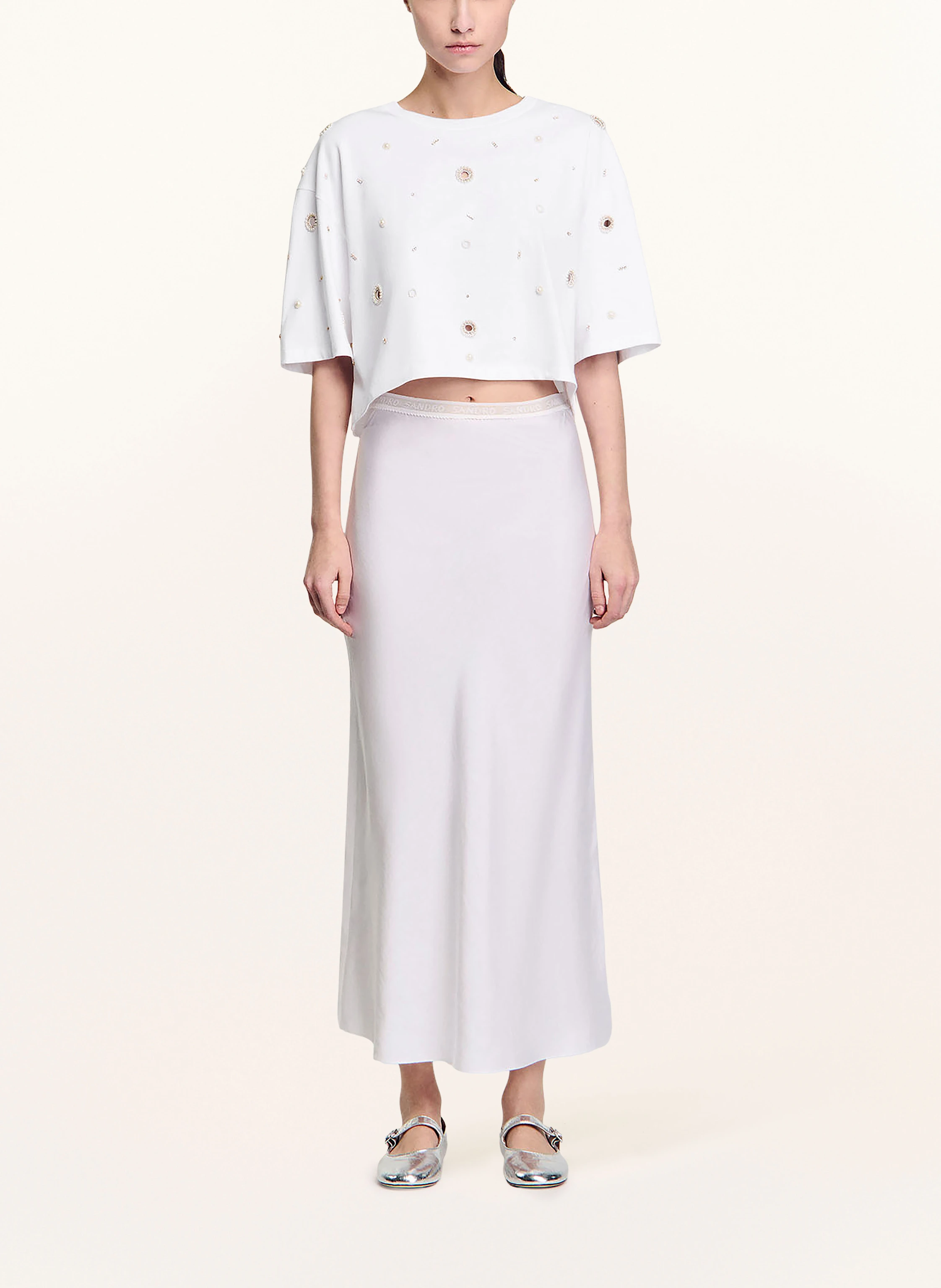 SANDRO Cropped-Shirt mit Schmuckperlen und Schmucksteinen