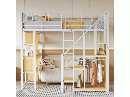 Lit mezzanine polyvalent 140 x 200 cm, lit en métal avec espace de rangement, étagères et escalier,blanc