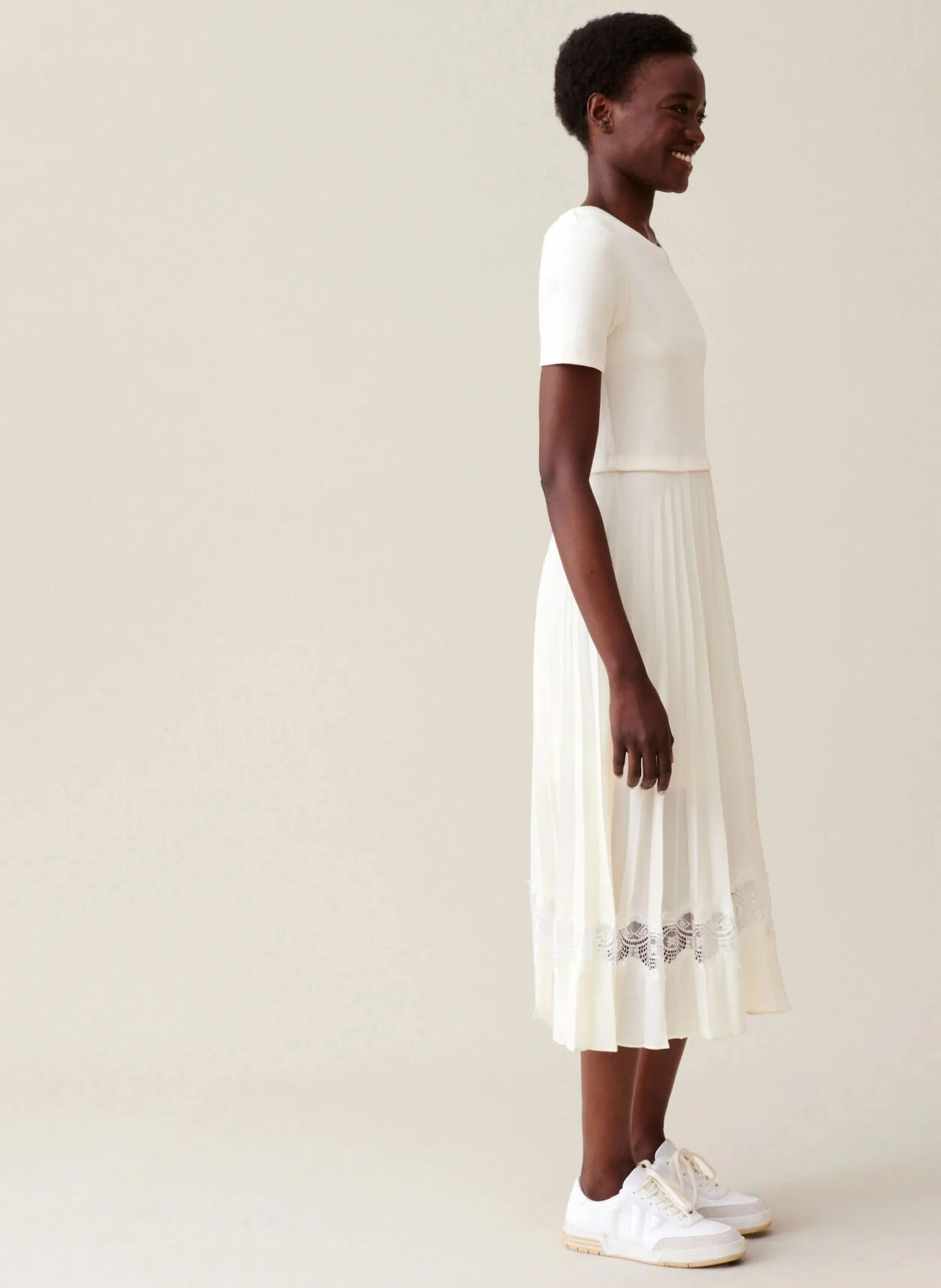 Robe midi col rond bi-matière plissée en coton| Blanc