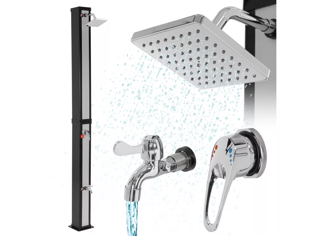 Douche solaire d'extérieur + douche à pied et pomme de douche noir/argent 40 L