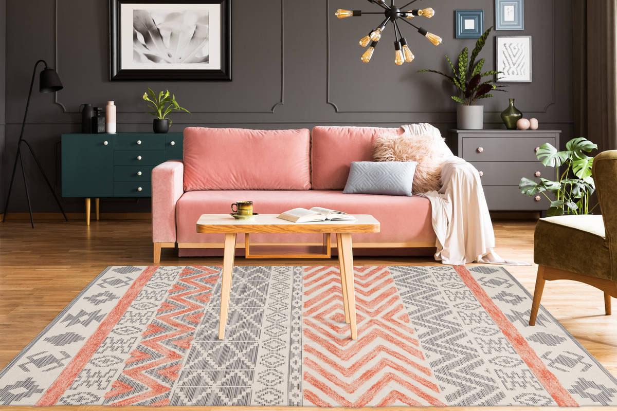 Flachgewebeteppich ETHNIE 100 - grau-apricot - 120x170 cm