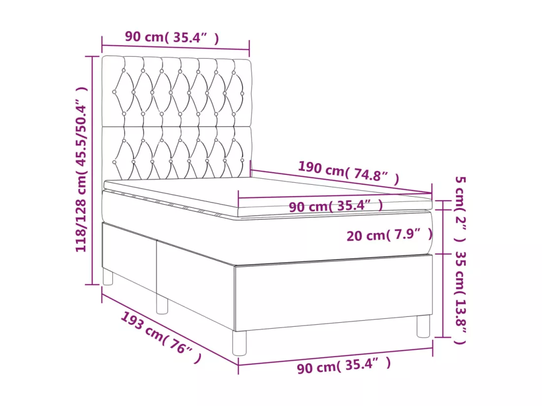 Sommier tapissier et matelas et LED Gris clair 90x190cm Velours