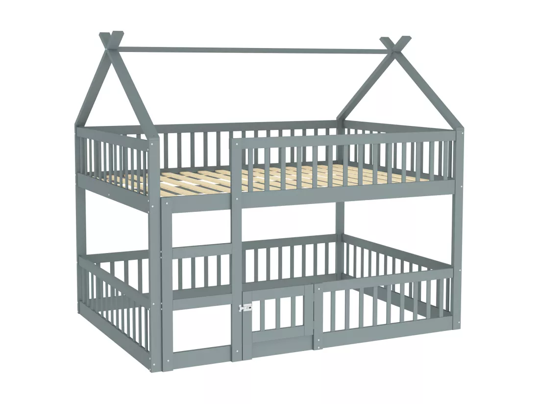 Lits superposés 2 x 140 x 200 cm avec porte et barrières - Bois MDF - Sommier à lattes - Gris