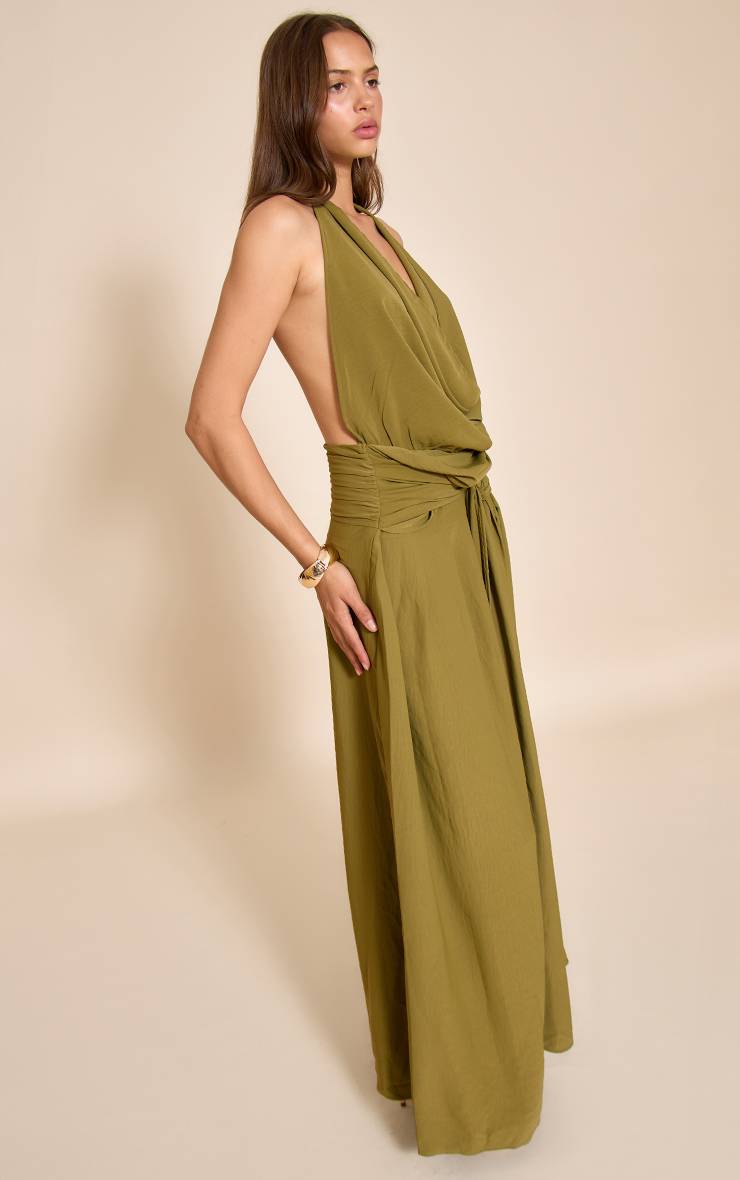 Vert Olive Robe Longue Fluide Tissée À Col Bénitier Et Dos Échancré