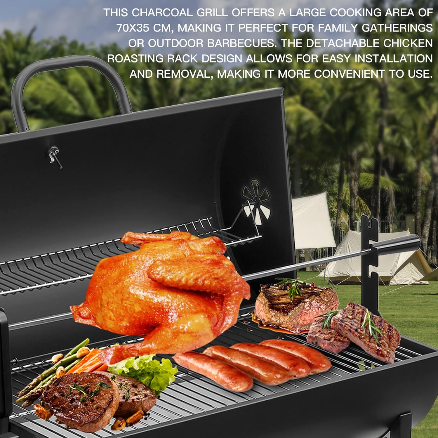 TEENO Grillwagen aus Holz, XXL-Kohlegrill mit Deckel, Thermometer, Ascheschublade, Verbrühungsschutz, verstellbare Belüftung, großer Holzkohlegrill (mit Chicken Grill)