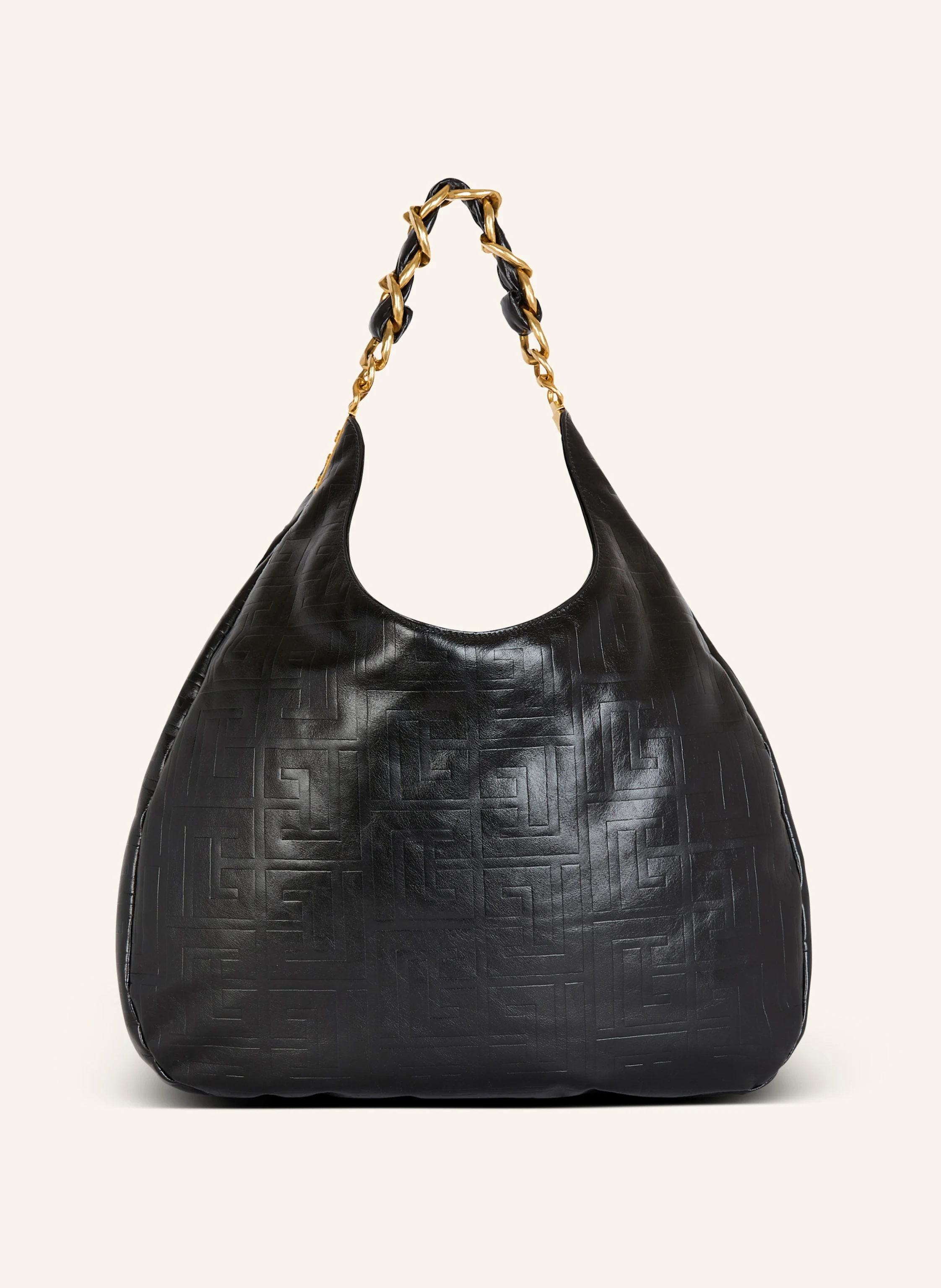 BALMAIN Große Tasche 1945 Soft Hobo aus geknittertem Kalbsleder mit PB Labyrinthe-Monogramm-Prägung