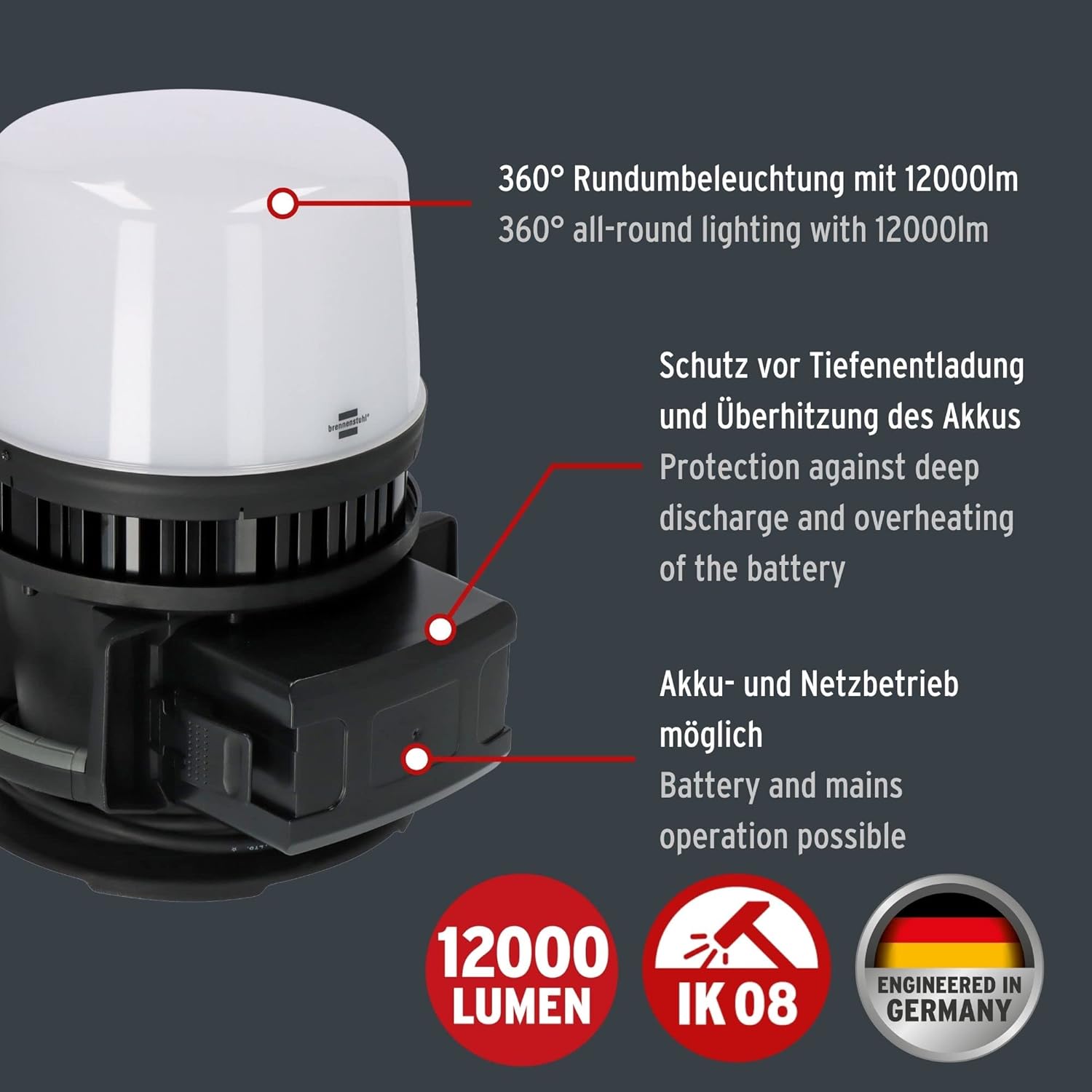 Brennenstuhl Multi Battery LED 360° Hybrid Baustrahler 12050 MH, schwarz, grau & Multi Battery LED Akku Teleskop Arbeitsstrahler 6050 MA(7700lm, IP54, höhenverstellbar bis 140cm), schwarz, grau