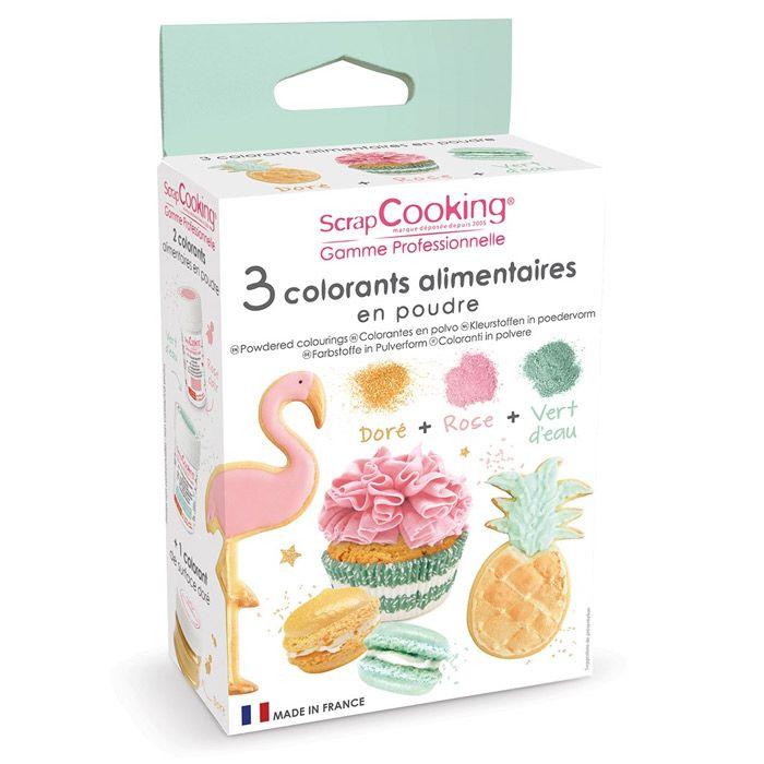 3 colorants alimentaires rose poudré, vert d'eau, doré 3 x 5 g Scrapco