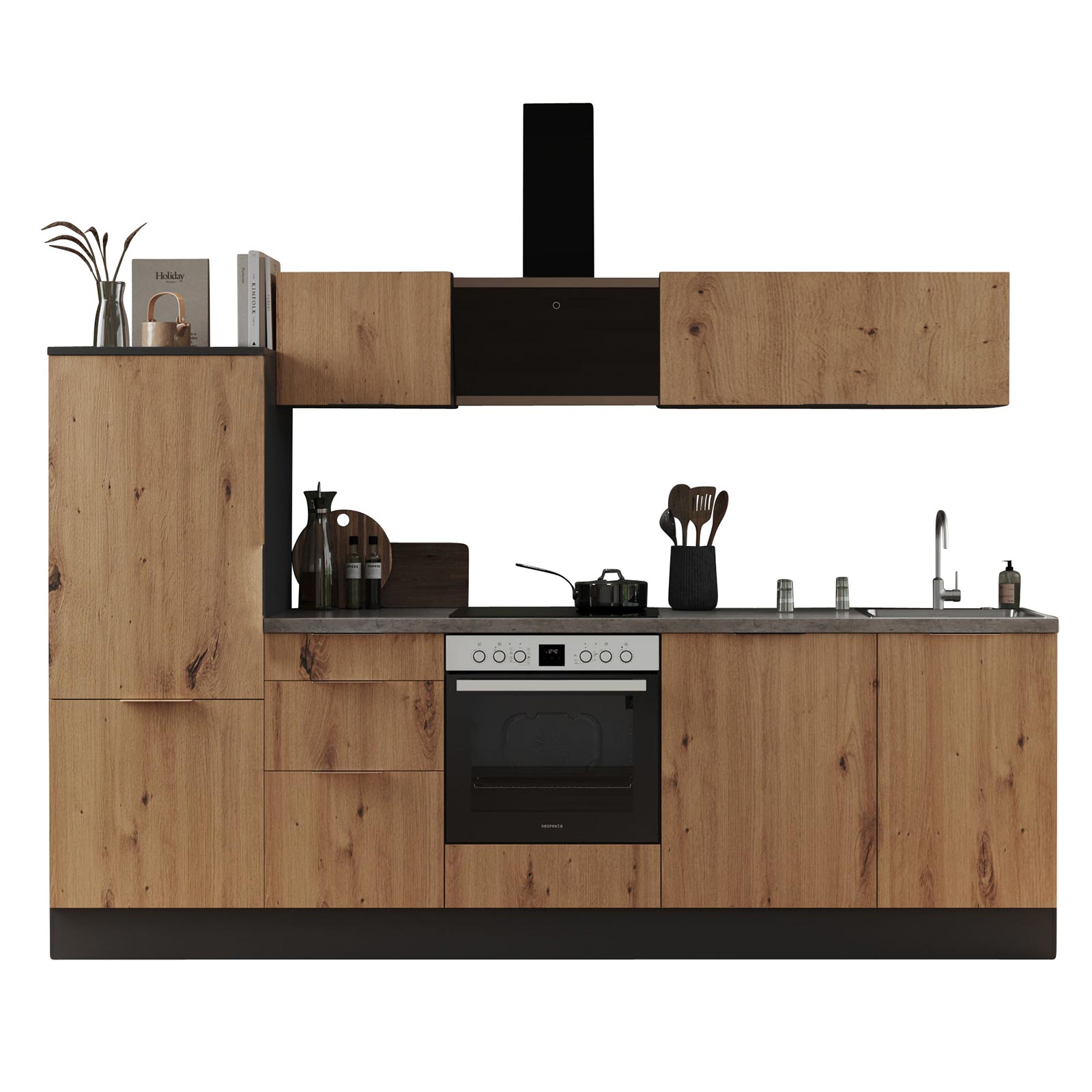 RESPEKTA Küchenblock - Artisan Eiche - grau matt - mit E-Geräten - 280 cm