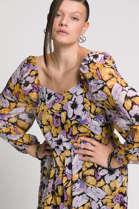Blumen-Kleid, A-Line, Carree-Ausschnitt, Langarm, Jersey-Unterkleid