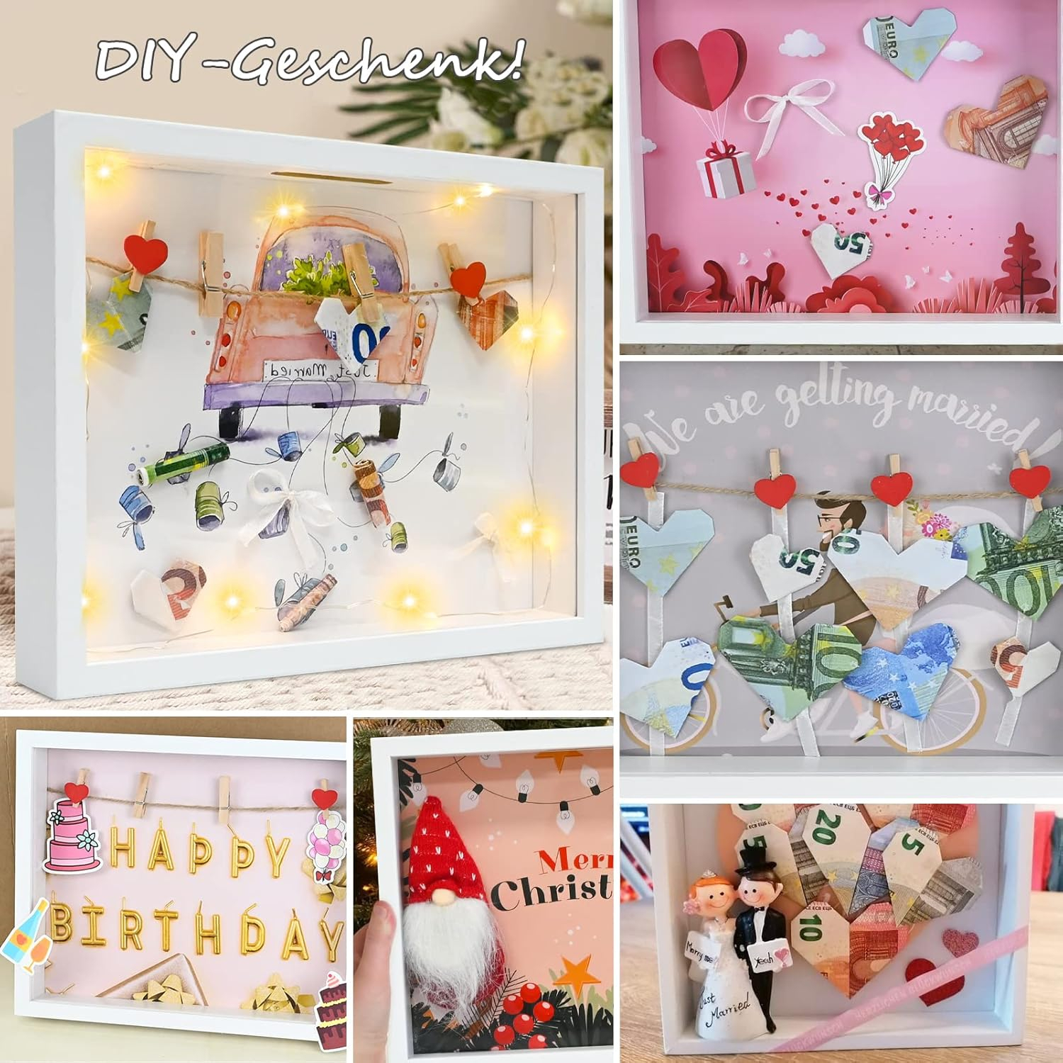 (22x22cm) DIY Holzrahmen Sparkasse Home Deko Geschenkidee Spardose mit LED Lichterkette für Hochzeit / Geburtstag / Weihnachten - Weiss / Style 4