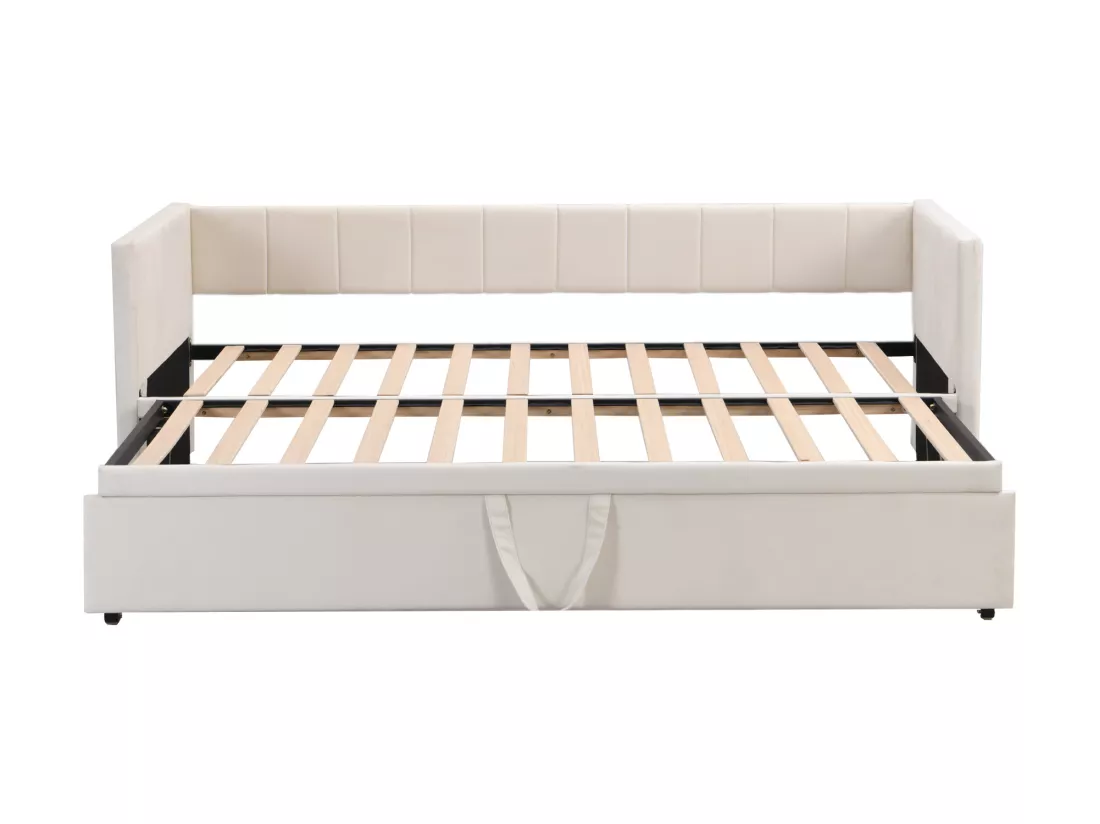 Lit gigogne rembourré 90/180x200cm lit canapé en tissu velours avec sommier à lattes - Beige