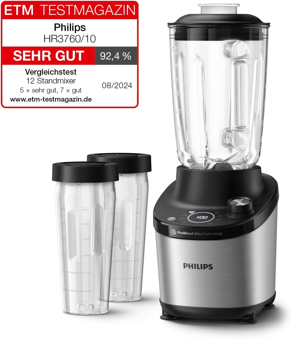Philips 7000 Series Hochleistungsstandmixer – ProBlend Ultra Technologie, 1.500 W, 2-L-Glasbehälter, Schnellauswahlprogramme für Smoothies & Suppen, HomeID App, Spülmaschinenfeste Teile (HR3760/10)