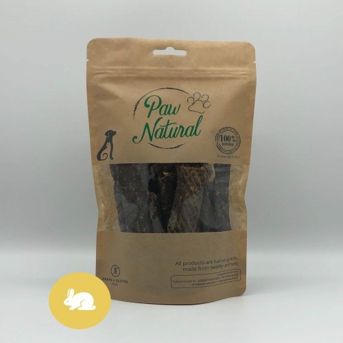 Tiras de petiscos com sabor natural de coelho da Paw para cães.