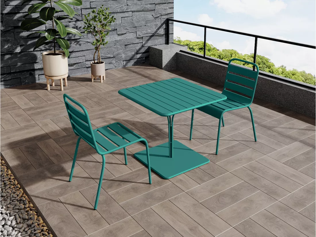 Salle à manger de jardin en métal - une table L.80 cm et 2 chaises empilables - Bleu canard - MIRMANDE de MYLIA