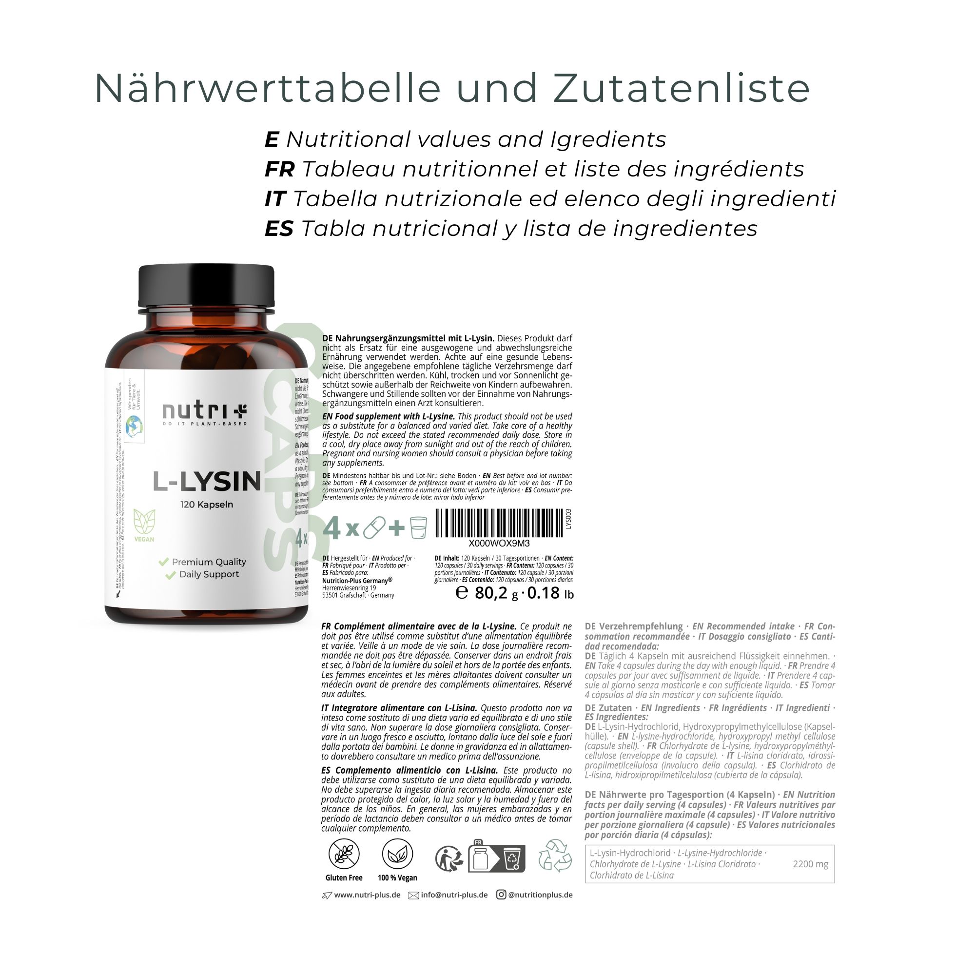 Nutri+ L-Lysin Kapseln - 120 Stück