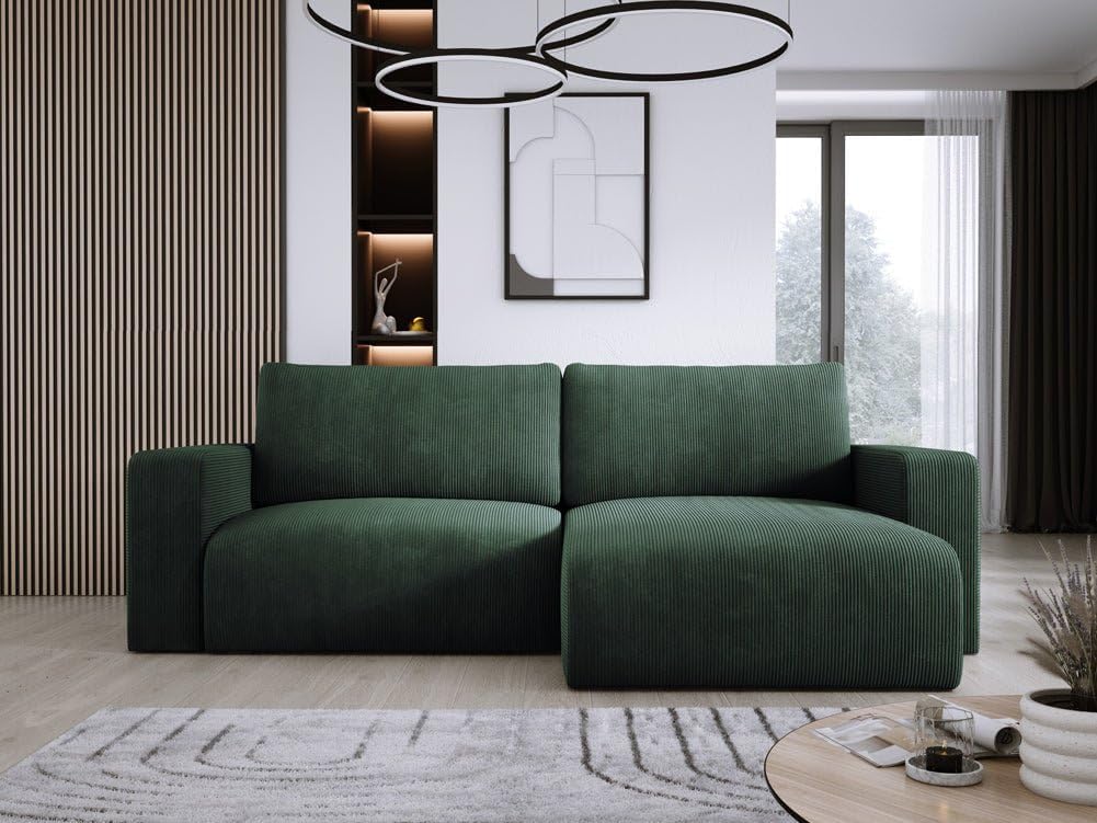 Luxusbetten24 Designer Sofa Carl Cord mit Stauraum und Schlaffunktion | Bezug: Cord | Farbe: Grün | Stellvariante: Rechts