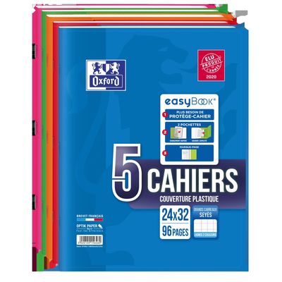Oxford Easybook - Lot de 5 cahiers polypro 24 x 32 cm - 96 pages - grands carreaux (Seyes) - couleurs assorties
