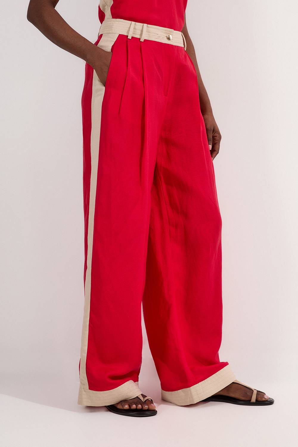 KarenMillen Pantalon Tissé en Lin Viscose à Blocs de Couleur