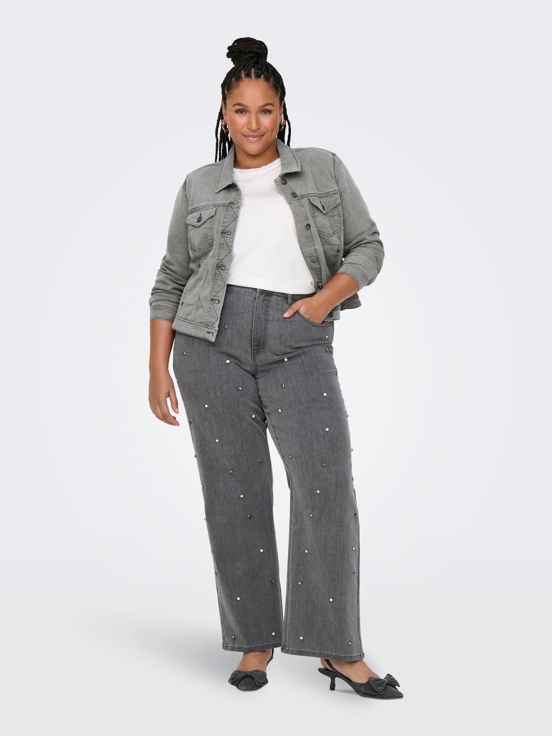 CARHOPE Hohe Taille Weiter Beinschnitt Jeans Medium Grey Denim